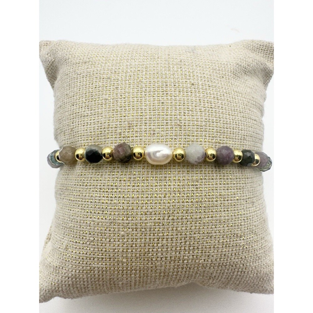 Handmade Faceted Gemstone Freshwater Pearl Bracelet Stretchy